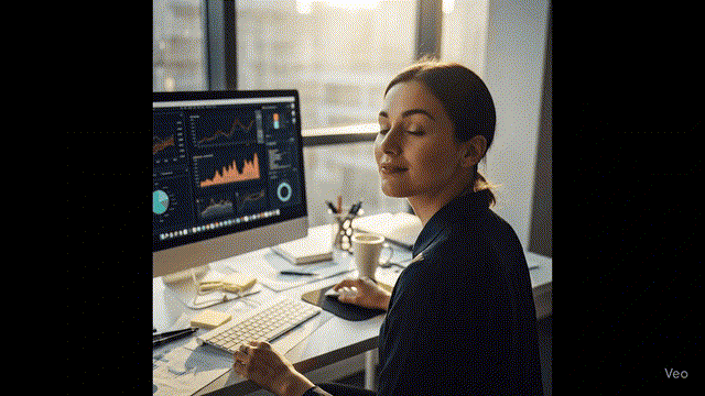 Professional woman working at her computer monitor in a modern office environment, focused on screen with clean workspace